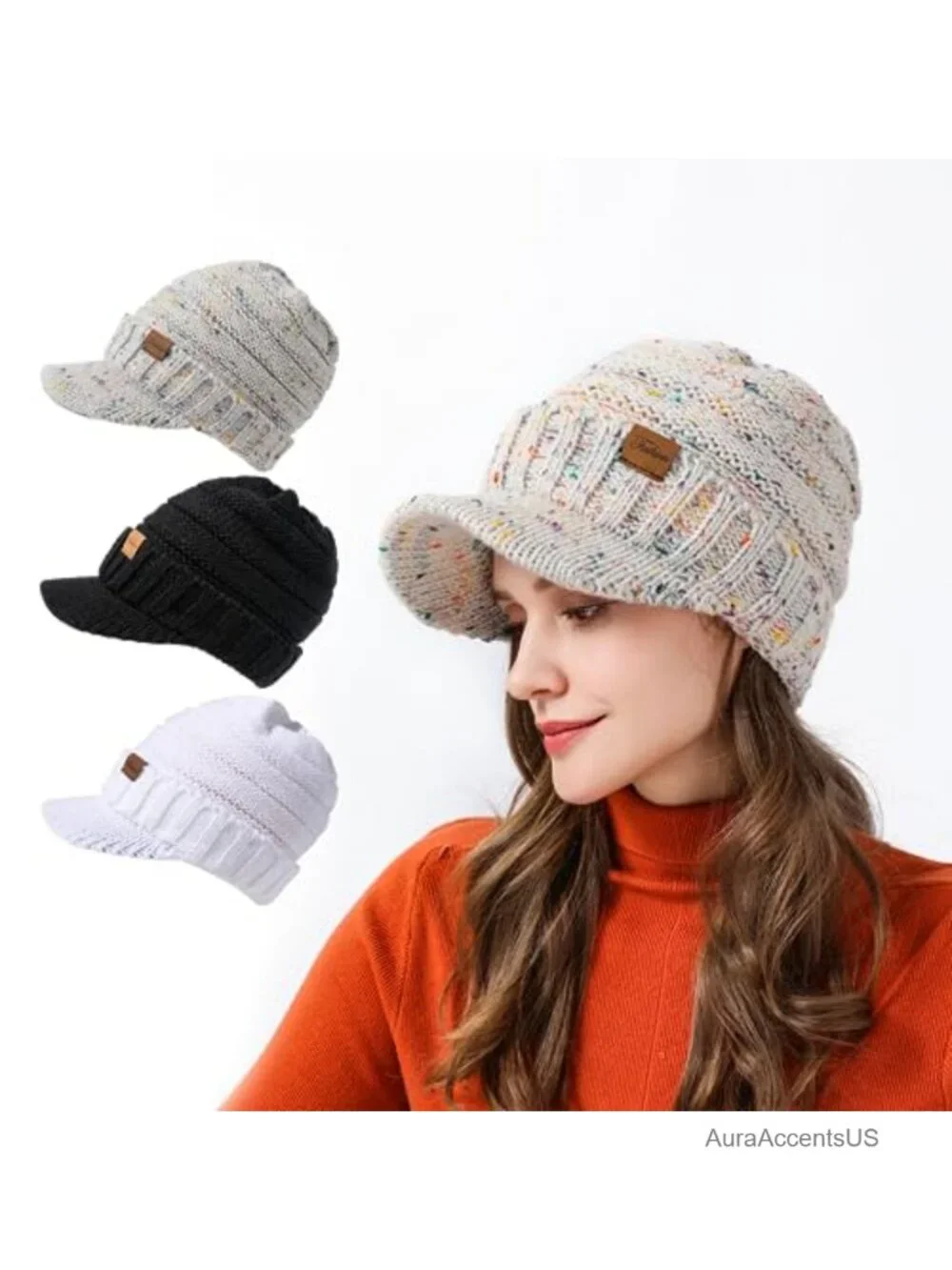 Women's Winter Knit Beanie Hat with Visor, 100% Acrylic